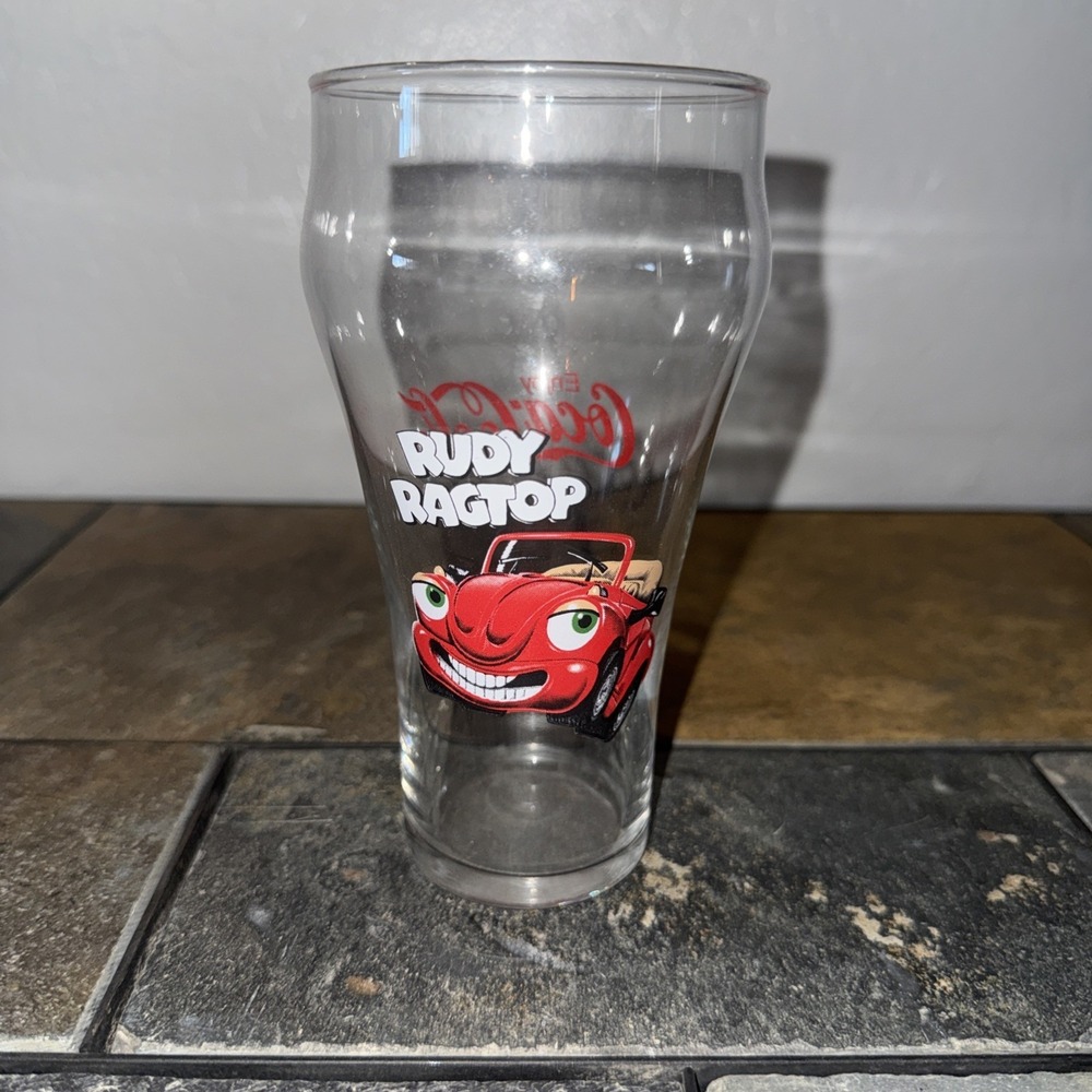 Coca Cola RUDY RAGTOP Drinking Glass Tumbler 16 oz Coke CHEVRON CARS Promotional